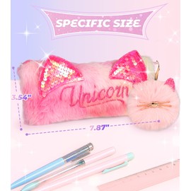 JMHACHY Cute Pencil Case for Girls - Back to School Stuff Zipper Pencil Case Aesthetic, Soft Plush Pen Bag for Students, Glitter Bling Study Supplies Stationery, Sparkle Cat Ear Sequin Makeup Bag