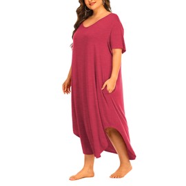 Beocut Womens Plus Size Nightgowns Sleepwear Short Sleeve Sleep Dress Maxi Night Gowns with Pockets 3X Red