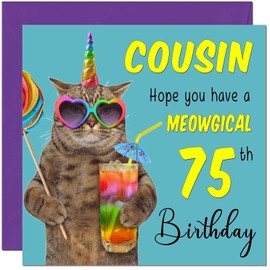 75th Cousin Birthday Card - Meowgical Cat Funny Birthday Card for 75 Year old Seventy Five, Seventy Fifth
