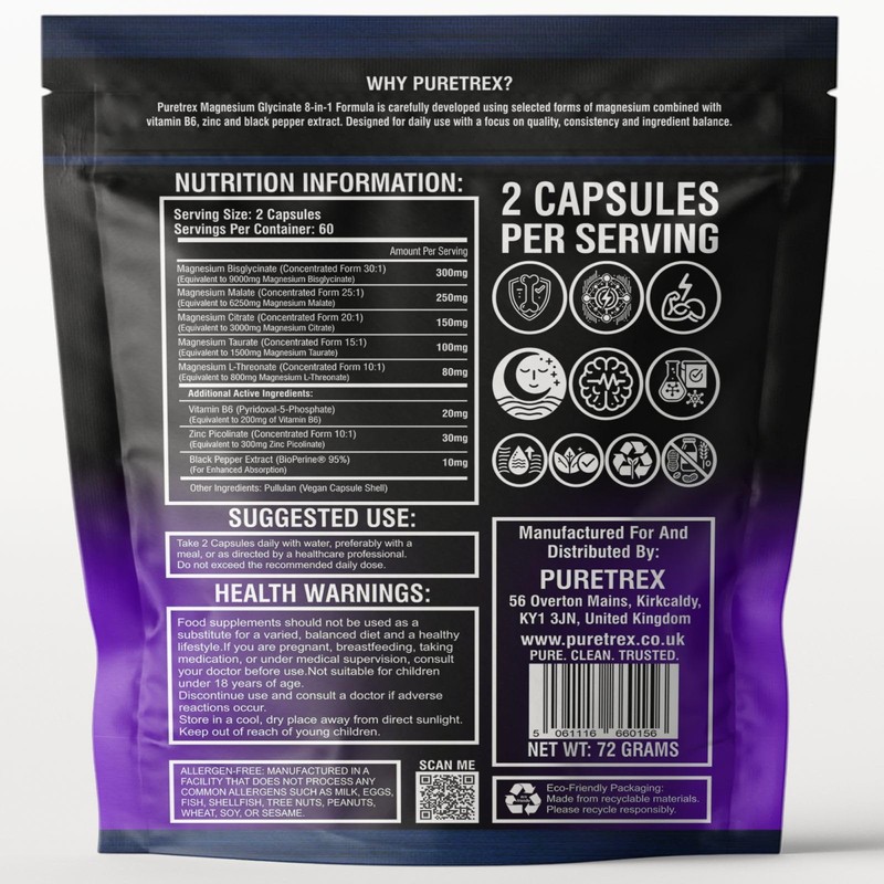 Puretrex Magnesium Glycinate 8 in 1 Complex, High Absorption Magnesium