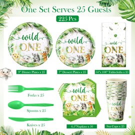 Zhehao 227 Pcs Wild One Birthday Decorations Party Jungle Animal Supplies with Disposable Tablecloths Plates Napkins Cups Straws Knives Forks Serve for 1st Birthday Girl Boy(Green)