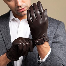 YUEMING Mens Leather Gloves, Men's Winter Gloves Touchscreen Casual Outdoor Gloves with Soft Warm Thermal Lining for Cold Weather Outdoor Driving(Brown-L)
