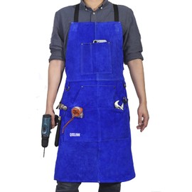 QeeLink Leather Work Shop Apron with 6 Tool Pockets Heat & Flame Resistant Welding Apron, 24" x 36", Adjustable M to XXL (Blue)