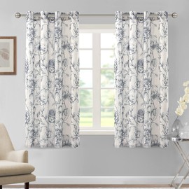 H.VERSAILTEX Linen Curtains Natural Linen Blended Curtain Panels for Living Room/Light Reducing Linen Sheer Curtains 63 inch Length 2 Panels Set Pencil Sketch Style Floral Panels, Navy