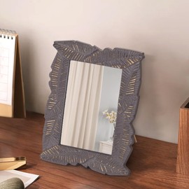 Makeup Desk Mirror Brown Rectangular Desk Mirror with Wood Framed Portable Vanity Table Mirror Free Standing High-Definition Countertop Makeup Mirror for Dresser Living Room Bedroom Office