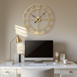 Gold Wall Clock, 24 Inch Large Wall Clock for Living Room Kitchen Mantel, Completely Silent Non Ticking Battery-Operated Metal Round Luxury Decorative Modern Clock - Roman Number