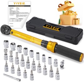 YIYEIE 1/4 Inch Drive Bike Torque Wrench, 1-25 Nm (10-222.5 in.lb), 27 PCS Click Bicycle Torque Wrench with Bit Sockets, 0.1 Nm Micro, 72-Tooth Ratchet, 3/8 Adapter, for MTB, E-Bike, Motorcycle