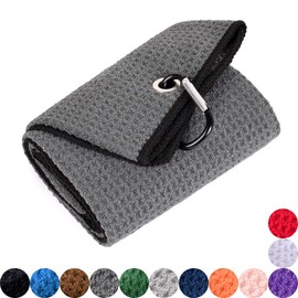 Mile High Life Microfiber Waffle Pattern Tri-fold Golf Towel | Brush Tool Kit with Club Groove Cleaner, Retractable Extension Cord and Clip (Dark Gray Towel+Black Brush)