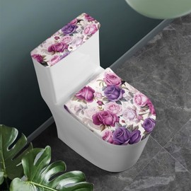 ZDCUSTOM Purple Flowers Toilet Tank Lid Cover for Bathroom, Reusable Toilet Covers Set with Elastic Bottom, Machine Washable Toilet Seat Cover Set