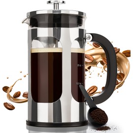 BAYKA 34 Ounce 1 Liter French Press Coffee Maker, Heat Resistant Thickened Borosilicate Glass Stainless Steel Coffee Press, Cold Brew Coffee Pot Tea Press for Kitchen Travel Camping, Silver