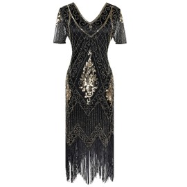 IWIWB 1920s Sequin Vintage Dress Beaded Gatsby Flapper Dress with Accessories Set (Small, Black&Gold)