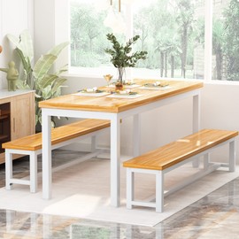 AWQM Dining Room Table Set, Kitchen Set with 2 Benches, Ideal for Home, and Room, Breakfast of 43.3x23.6x28.5 inches, Benches 38.5x11.8x17.5 Beige