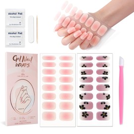 JERCLITY 2 Sheets 32pcs Semi Cured Gel Nail Strips, Gel Nail Wraps Needed LED Lamp to Cured, Ease to Use and Removal, 2 Prep Pads,1 Nail File,1 Wooden Cuticle Stick(Peach Pink+Flowers)
