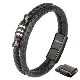 Meixao Bracelet Genuine Leather Polished Adjustable Stainless Steel Magnetic Clasp (Black, 18)