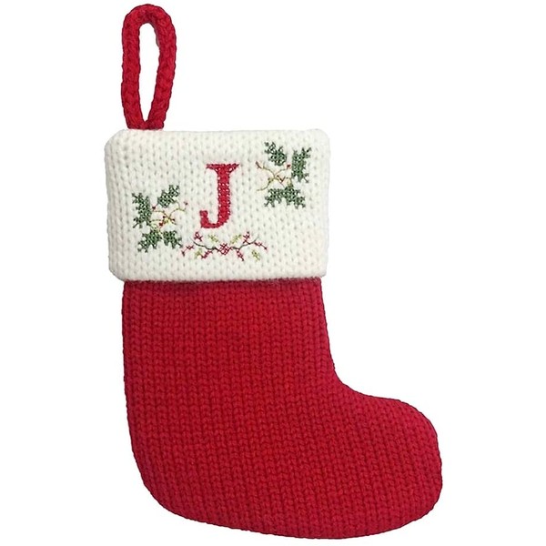St. Nicholas Square 8-in. Cross-Stitched Holly Leaf Monogrammed Knit Christmas Stocking, Letter J