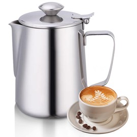 Frothing Pitcher, Stainless Steel Coffee Cup Milk Frothing Pitcher Jug with Lid Latte Coffee Art for Office Kitchen (600ml)