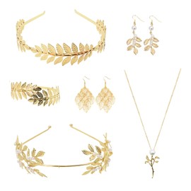 Coriver Greek Goddess Costume Jewellery Set, 6 Pieces Greek Goddess Costume, Roman Laurel Leaves Tiara Gold, Cuff Bracelets Earrings, Women's Wedding Bridal Toga Party, Alloy Steel, No