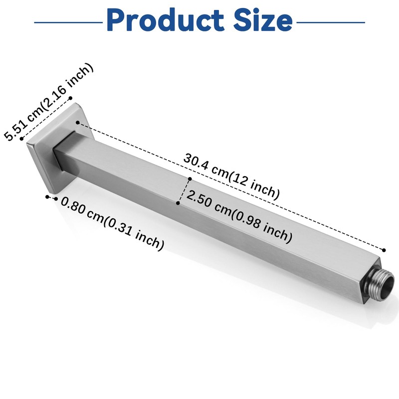 Square 12 Inch Ceiling Mounted Shower Arm With Flange, Straight