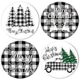 Whaline 4Pcs Merry Christmas Coasters Black White Buffalo Plaid Drink Coasters Xmas Tree Truck Reindeer Absorbent Ceramic Coasters Winter Cup Mat for Home Kitchen Table Decor