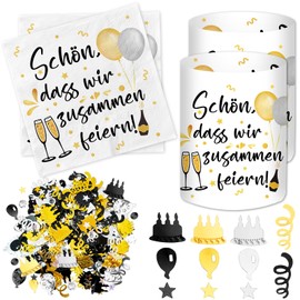 Table Decoration Birthday, New Year's Eve Decoration 2025, Pack of 20 Napkins + 12 Pieces Lantern + 500 Pieces Confetti Gold Black Silver, Birthday Decoration Woman Man, Table Decoration Party,