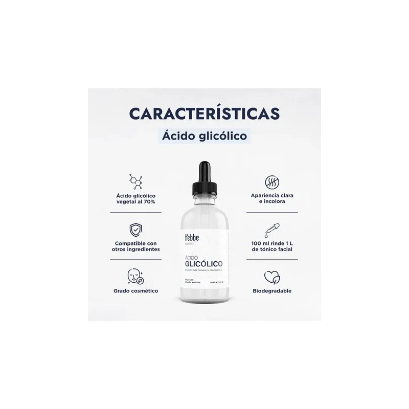 Ácido Glicólico 70 Hebbe Cosmetics Exfoliante y Peeling Facial 100ml
