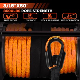 Synthetic Winch Rope Kit, 3/16" x50 ft 8500LBS Winch Cable Replace Kit, with Protective Sleeve, Heavy Duty Hook, Rubber Stopper, Safety Pull Strap for Off-Road 4x4 Vehicles ATV UTV(Orange)