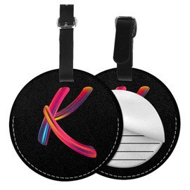 2 Pack Initial Luggage Tag for Suitcase, Colorful Letter Design Cruise Name Bag Tags, Round Baggage Identifiers with Privacy Cover, Leather ID Label for Women Men Kids Travel, Rainbow Letter K
