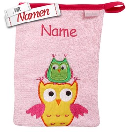 Owl Children's Wash Mitt Embroidered with Name, Pink Girl, Baby, Toddler, Wash Cloth for Bathing, Gift for Birth, Christening, Easter, Santa Claus