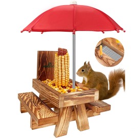 MIXXIDEA Squirrel Feeder Picnic Table with Tall Umbrella, Wooden Squirrel Feeders for Outside, Cute Chipmunk Feeder with Corn Cob Holder, Solid Structure, Thick Wood (Rustic Brown Red Umbrella)