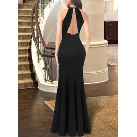 VFSHOW Womens Formal Illusion Halter Neck Keyhole Backless Prom High Slit Maxi Dress 2023 Wedding Guest Lace Applique Twist Front Glitter Mermaid Evening Gown (Black, XXX-Large) 062C BLK 3XL