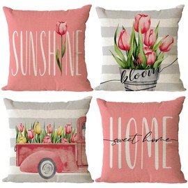 Set of 4 Tulip Pillow Covers 18x18 Spring Summer Pillow Covers Pink Floral Throw Pillow Covers Cushion Covers Square Pillow Cases for Couch Sofa Bed Outdoor Home Decorations(18 Inch)