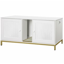 HOOBRO 44" Cat Litter Box Enclosure for 2 Cats, Double Cat Litter Box Furniture Hidden, TV Stand Litter Box Enclosure with Cat Scratching Mat, Cat House, Cat Washroom Cabinet, White, Gold DW20MW01