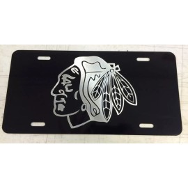 BLVD Chicago Blackhawks Logo Car Tag Diamond Etched on Black Aluminum License Plate