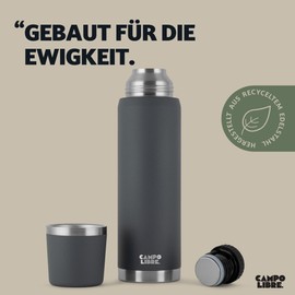 Campo Libre. Jaco Thermos Flask 1 L, 750 ml, 500 ml, Thermos with Cup, Keeps Drinks Hot for Min. 24 Hours, Insulated Jug with Double-Walled Insulation, 100% Leakproof, Recycled Stainless Steel