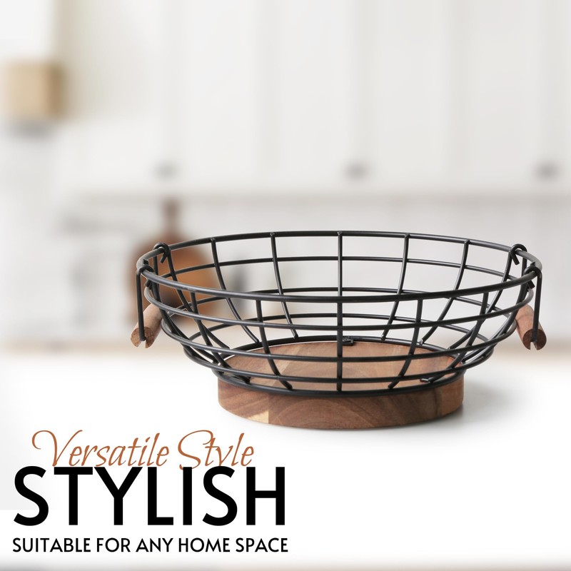WILDMOS Fruit Basket,black Wire Basket with Acacia Wood Base,large Fruit