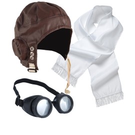Mega_Jumble Adult 1940s Pilot Granddad Grandpa Excape Biggles Aviator Flying Man WW2 Fancy Dress Costume Set | Biggles Pilot Hat, White Scarf and Goggles