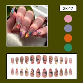 Press on Nails Almond Summer 24Pcs Glossy Full Cover Acrylic Medium False Nails with Flower Designs Artificial Reusable Almond Fake Nails with Charm Glue Stick on Fingernails for Women Girls