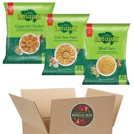 BENGAL BOX Garvi Gujarat Indian Snack Set – Bhel Sev, 3 in 1 Puri & Gujarati Chakri | Spicy Namkeen Combo | Vegetarian Indian Street Food – 3-Pack Variety (285g Each)