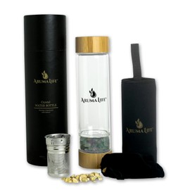 Aruma Life Crystal Water Bottle plus Loose-Leaf Tea/Fruit Infuser, Safe for Hot and Cold Drinks, Eco-friendly Plus BONUS Protective Sleeve & Extra Set of Crystals Coloured Fluorite & Yellow Jasper