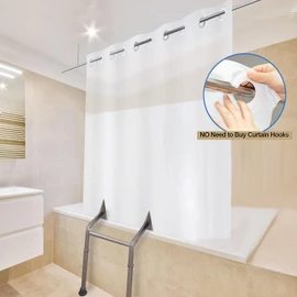 Split Shower Curtain for Bath Transfer Benches, Polyester Fabric See Through Blackout Cloth with Window, No Hooks Bath Curtain,71 x 71 inch White