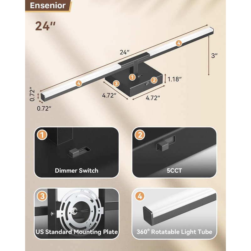 Ensenior Modern Bathroom Vanity Light 24 inch, Built-in Dimmer, 14W