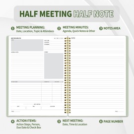 SUNEE Half Meeting Half Note - 8.5"x11" Professional Notebooks for Work - 160 Pages, A4 Size Project Planner, Spiral Meeting Agenda/Minutes Organizer for Women Men, Note Taking, Office & Business
