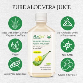 AloeCure AloeCure USDA Organic Aloe Vera Juice Lemon Flavor - Made Within 12 Hours of Harvest - Natural Digestive Supplement for Balanced Stomach Acidity - Support Digestive and Immune Health, 12 Btls x 16.7oz