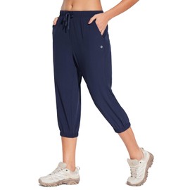 BALEAF - Pantalones cortos capri ligeros para mujer, pantalones capri de secado rápido, UPF 50+ con bolsillos con cierre, Cintura cómoda azul marino, XS