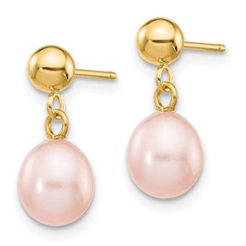 14k Yellow Gold 6-7mm Pink Freshwater Pearl Dangle Earrings 15x6.5 mm