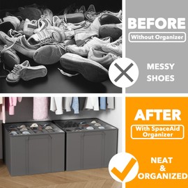 SpaceAid Shoe Organizer for Closet, 2 Pack Foldable Shoe Storage Containers Baskets Boxes Bins w/Adjustable Dividers, Fits 16-32 Pairs, Grey