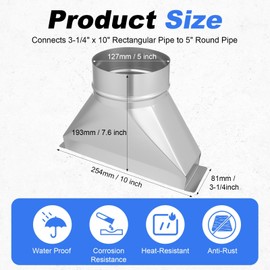 Rocaris 3-1/4" x 10" x 5'' Galvanized Rectangular to Round Duct Transition, 5" Diameter Microwave Exhaust Vent Kit Round Transition for Connecting HVAC Duct Pipe Fittings