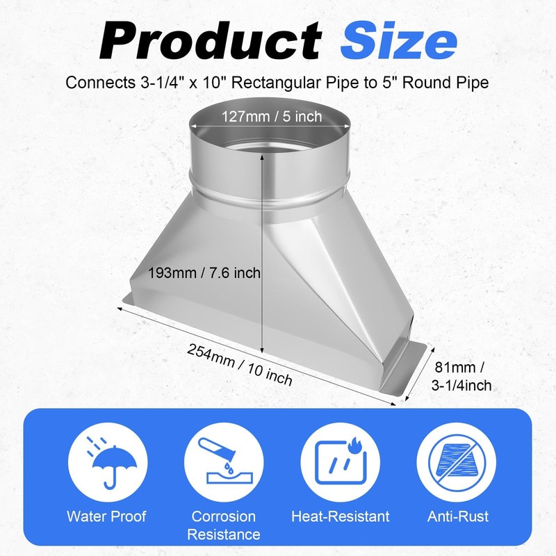 Rocaris 3-1/4" x 10" x 5'' Galvanized Rectangular to Round