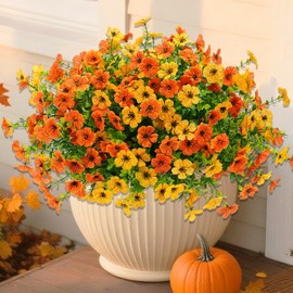 16 Bundles Artificial Mums Fall Flowers for Outdoors, Faux Fake Mums for Outdoor Planters Autumn Decorations,UV Resistant Silk Flowers for Front Porch Patio Home Decor (16, Yellow Orange)
