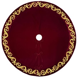 Starry Dynamo 72-Inch Velvet Christmas Tree Skirt with Golden Swirl Embroidery and Lace Tie Closures, Burgundy